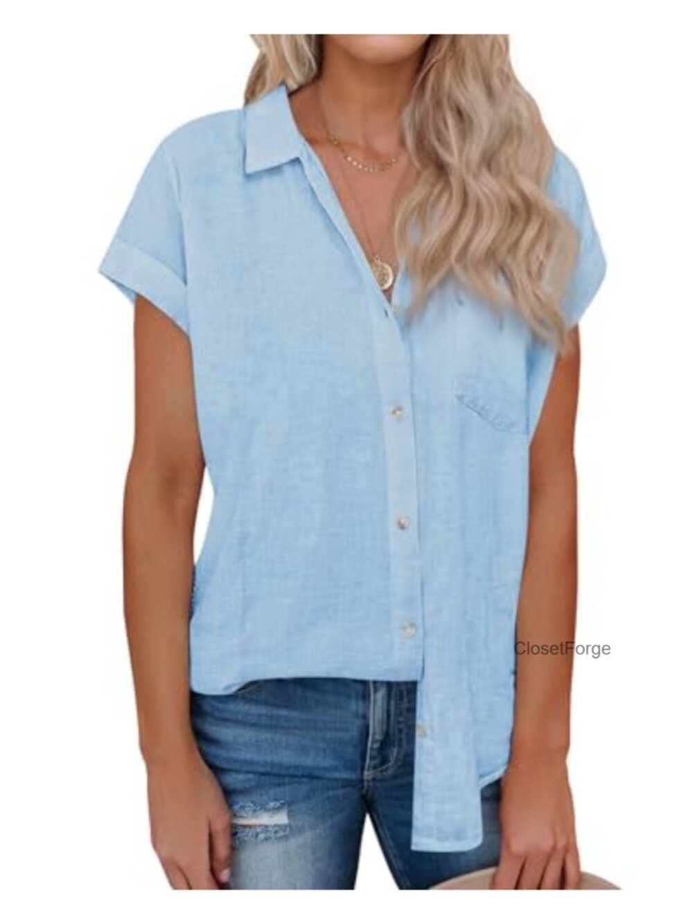 Women's Linen Blend Button Down Short Sleeve Casual Blouse with Pocket